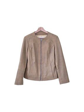Vtg Liz Claiborne Genuine Leather Jacket S Beige Viscose Lining 90s Minimalist